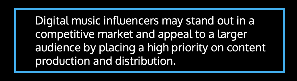 Digital music influencers may stand out in a competitive market and appeal to a larger audience by placing a high priority on content production and distribution.