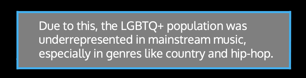 ​​Due to this, the LGBTQ+ population was underrepresented in mainstream music, especially in genres like country and hip-hop.