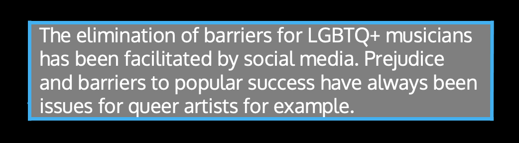 ​​The elimination of barriers for LGBTQ+ musicians has been facilitated by social media. Prejudice and barriers to popular success have always been issues for queer artists for example.