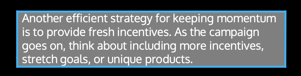 Another efficient strategy for keeping momentum is to provide fresh incentives. As the campaign goes on, think about including more incentives, stretch goals, or unique products.