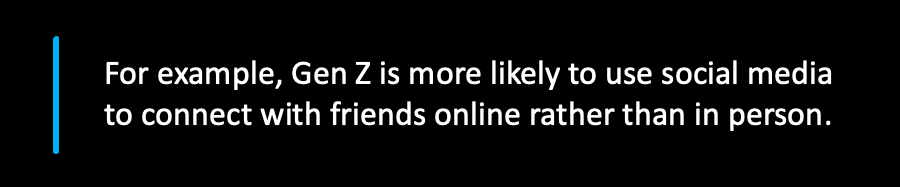 For example, Gen Z is more likely to use social media to connect with friends online rather than in person.